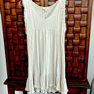 Beige linen sleeveless Midi Dress with fun fringe